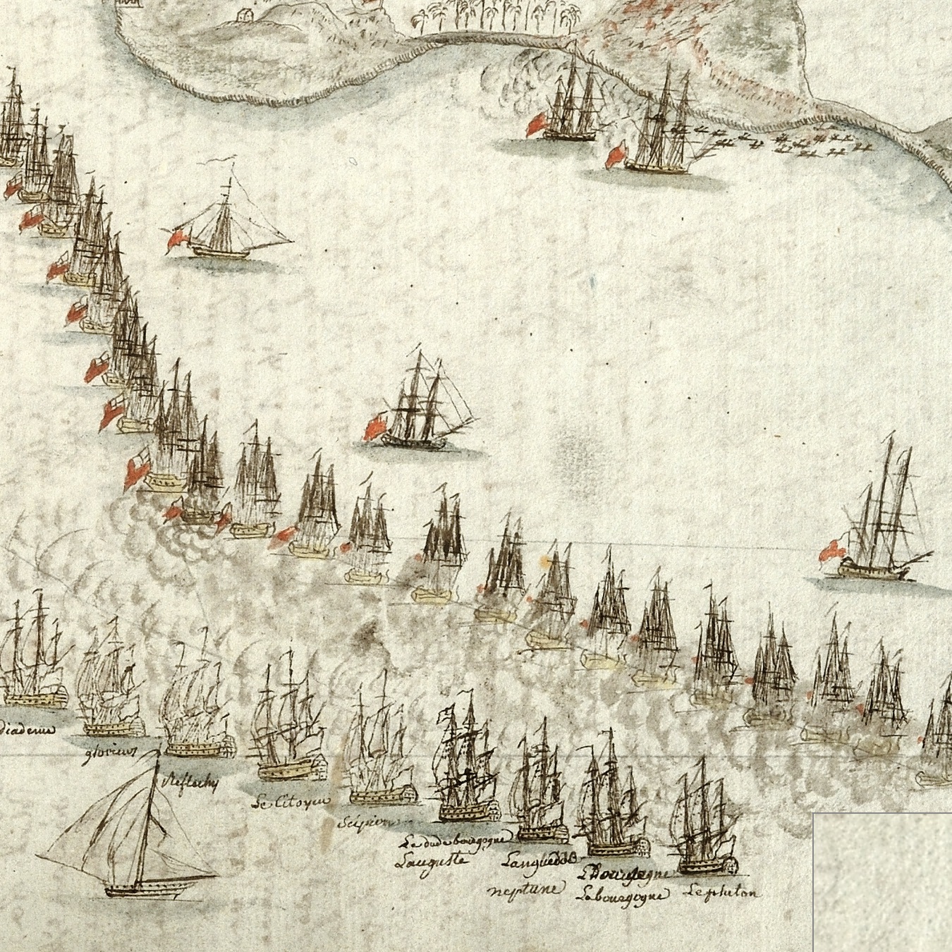 This watercolor of a naval battle illustrates the importance of naval power in the global arms race.