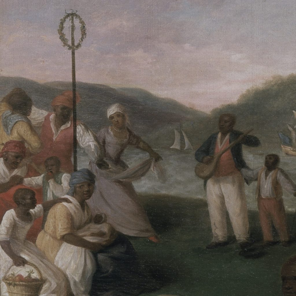In the background to the painting, well-dressed, joyous African Americans dance around a liberty pole.