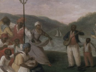 In the background to the painting, well-dressed, joyous African Americans dance around a liberty pole.