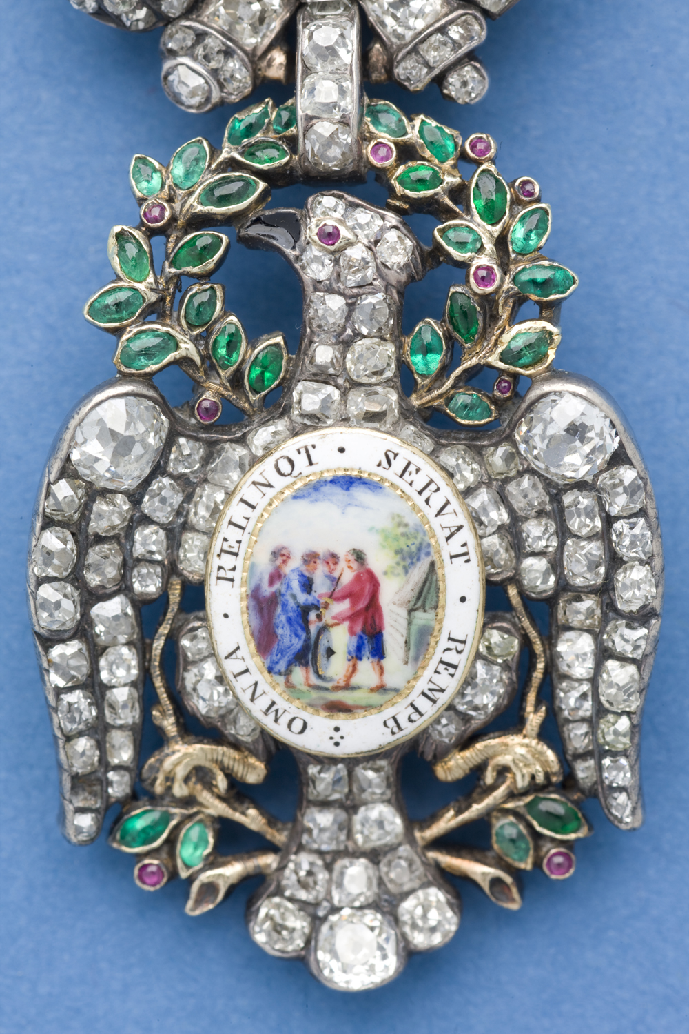 Detail of the front side of the body of the Diamond Eagle insignia of the Society of the Cincinnati adorned with gemstones and enamel