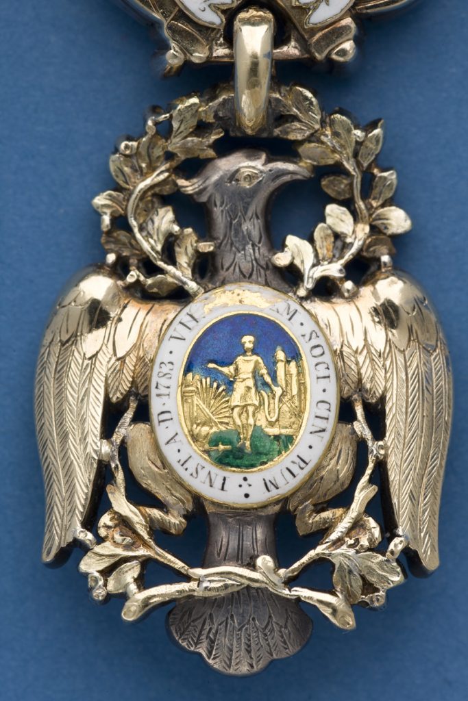 Detail of the back side of the gold-and-enamel body of the Diamond Eagle insignia