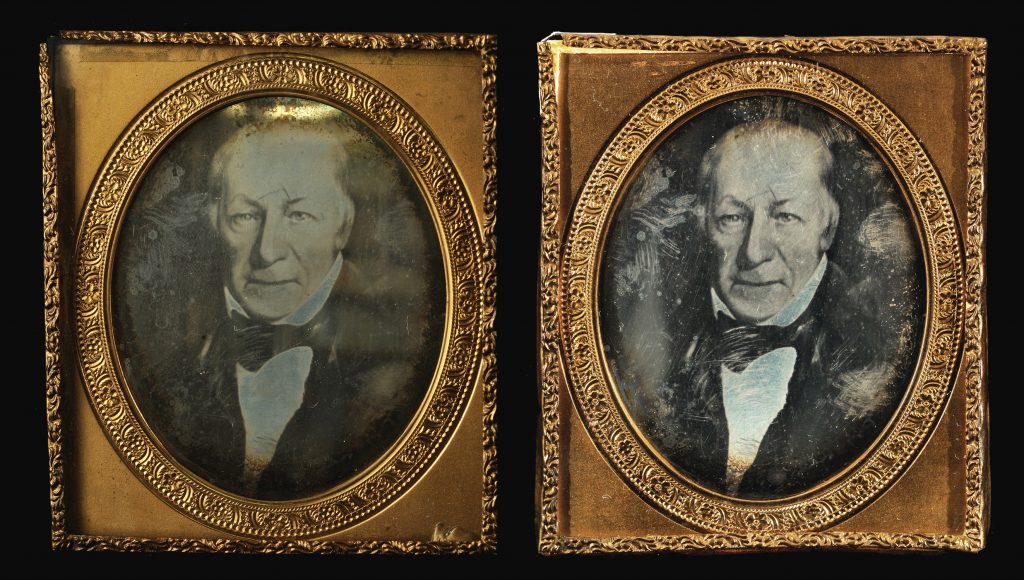 Side-by-side view of a daguerreotype of Revolutionary War surgeon John Richard Watrous