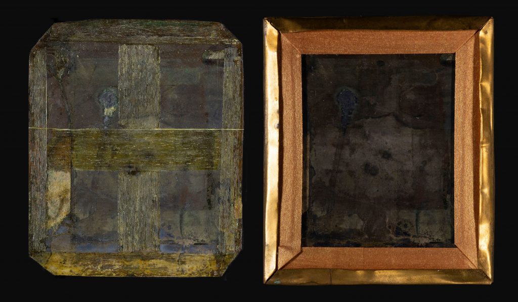 Side-by-side view of the back of a daguerreotype plate before and after conservation