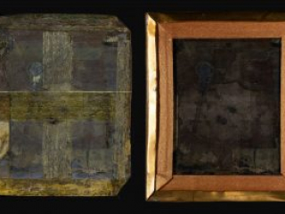 Side-by-side view of the back of a daguerreotype plate before and after conservation