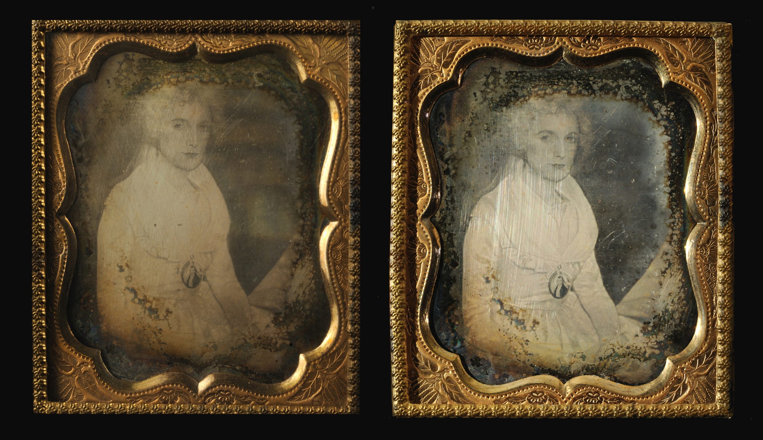 Side-by-side view of a daguerreotype of Lois Mather Watrous before and after conservation