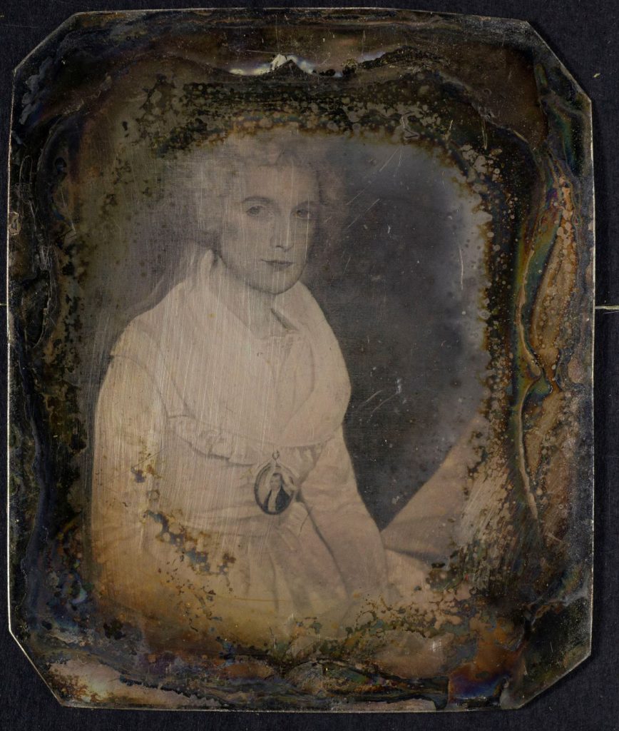 Sixth-plate daguerreotype of Lois Mather Watrous during conservation