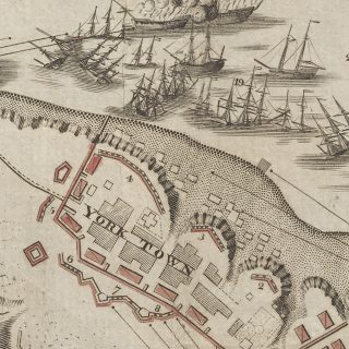 Detail of Sebastian Bauman's map showing ships off the coast of Yorktown, Virginia, in 1781