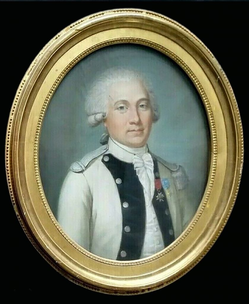 Oval eighteenth-century portrait of a French army officer in the gilded frame