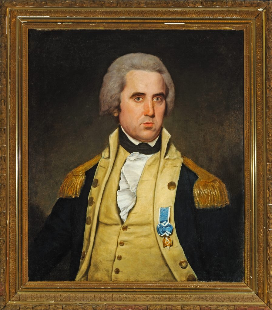 Oil portrait of an American army officer wearing a blue-and-buff uniform and a Society of the Cincinnati medal attributed to Joseph Wright