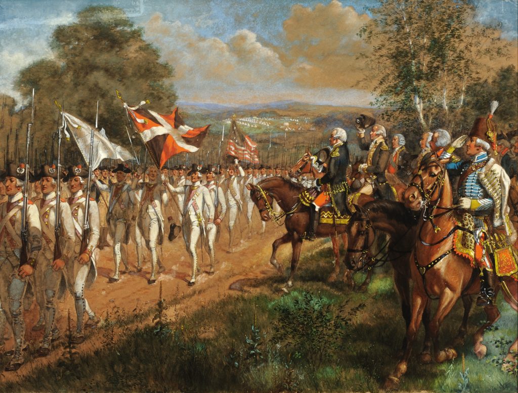 Painted Revolutionary War scene of troops marching past officers on horseback during the Yorktown campaign