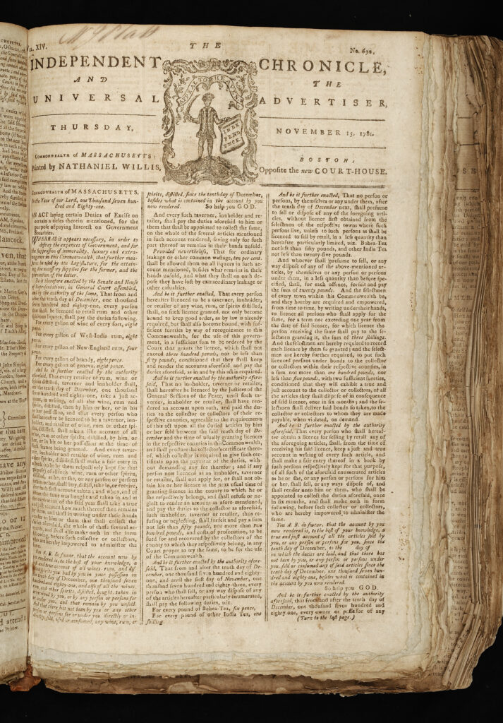 The Independent Chronicle and the Universal Advertiser Boston: Powars & Willis, November 15, 1781
