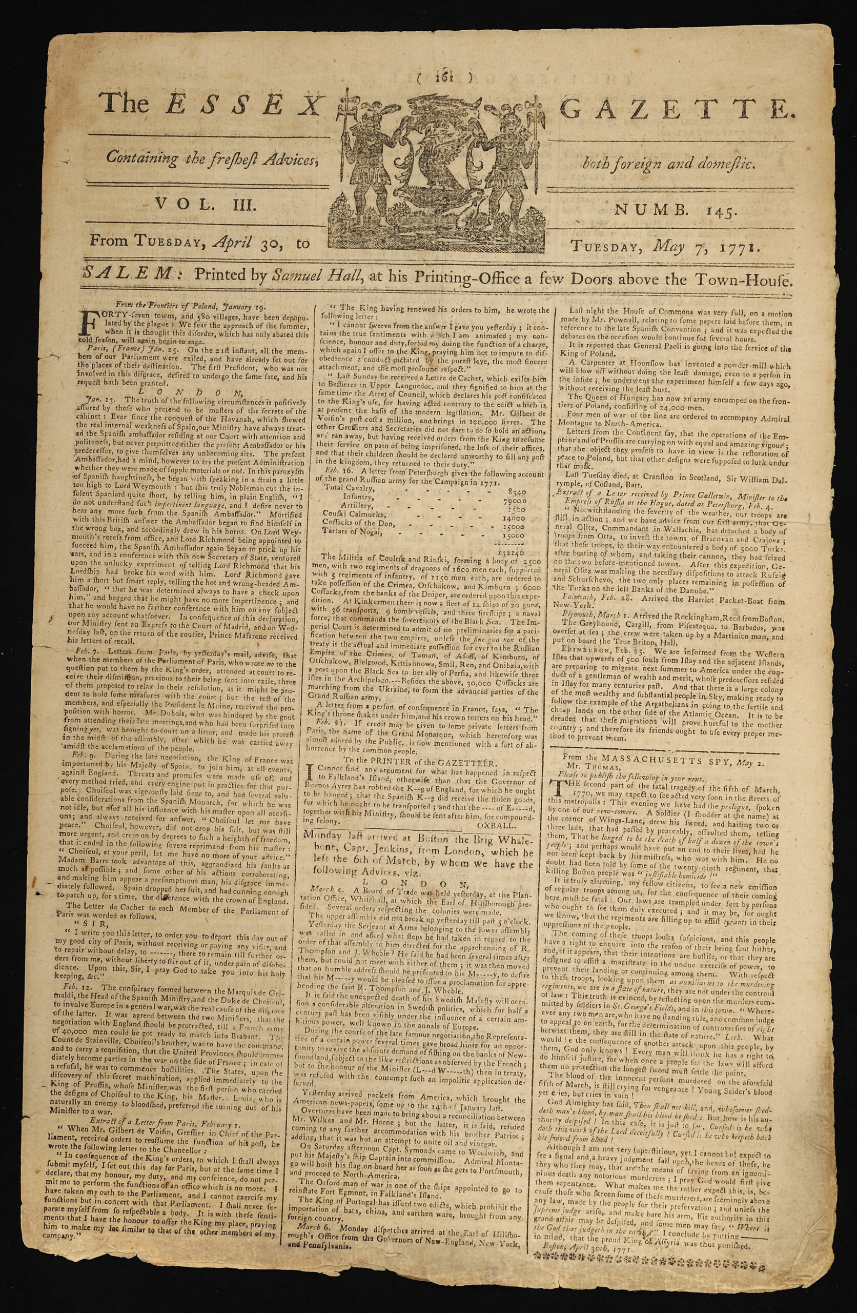 The Essex Gazette  Salem: S. Hall, April 30-May 7, 1771