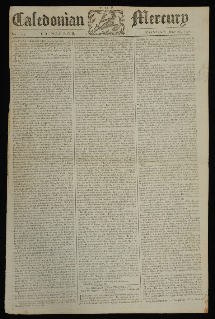 The Caledonian Mercury Edinburgh: Printed for W. Rolland by William Adams Junior, July 22, 1776