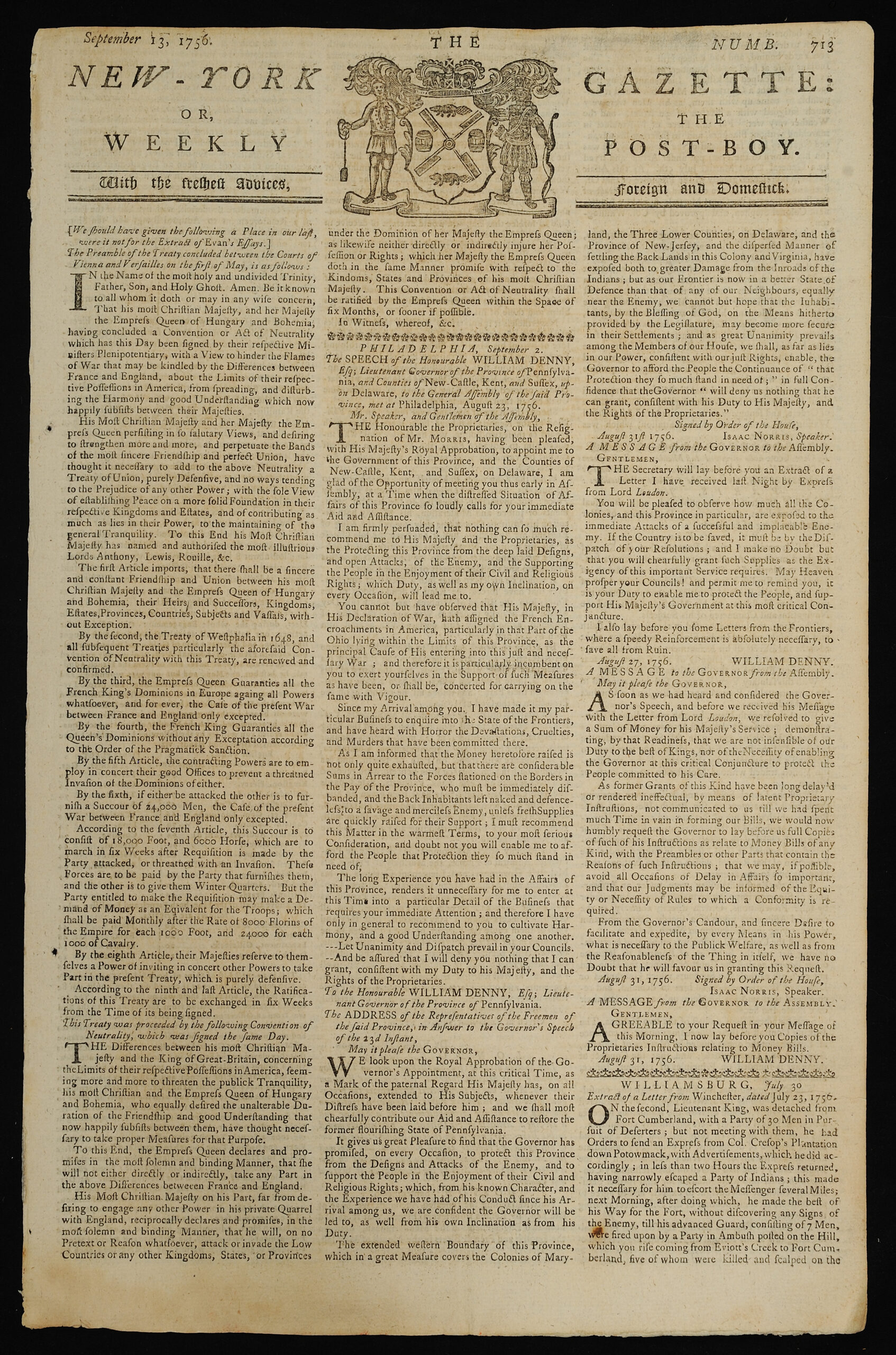 The New York Gazette or, the Weekly Post-Boy New York: Printed by J. Parker and W. Weyman, September 13, 1756