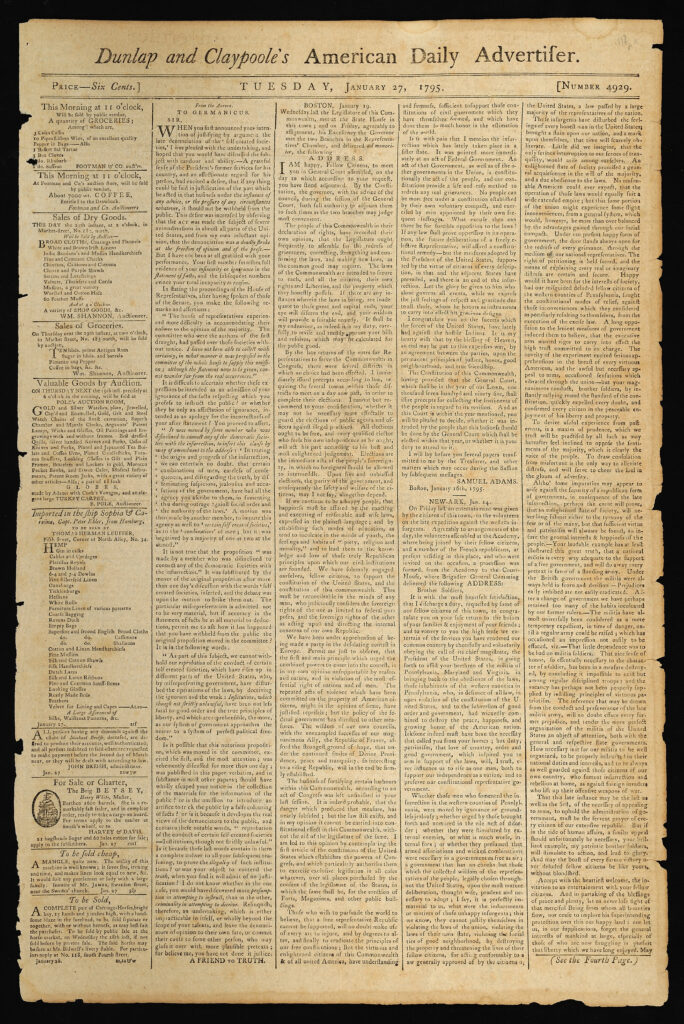 Dunlap and Claypoole’s American Daily Advertiser Philadelphia: Printed and sold by John Dunlap and David C. Claypoole, January 27, 1795