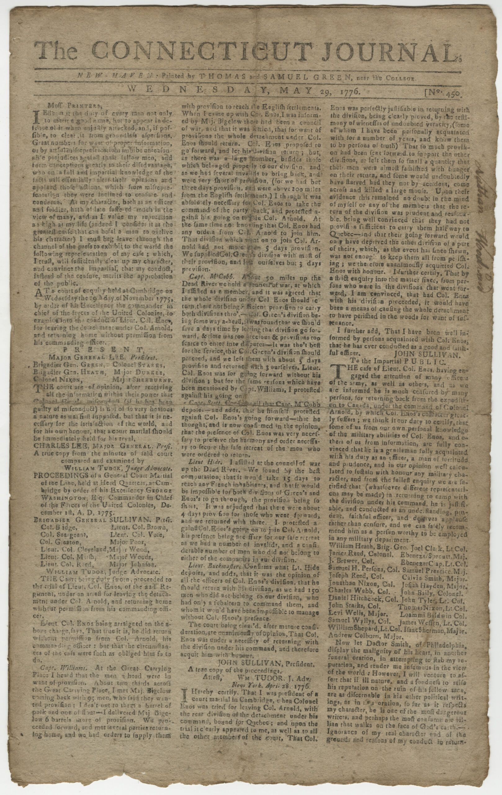 The Connecticut Journal New Haven: Printed by Thomas and Samuel Green, May 29, 1776