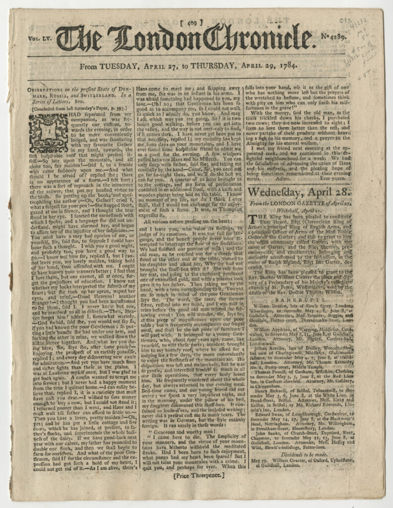 The London Chronicle London: Sold by J. Wilkie, April 27-29, 1784