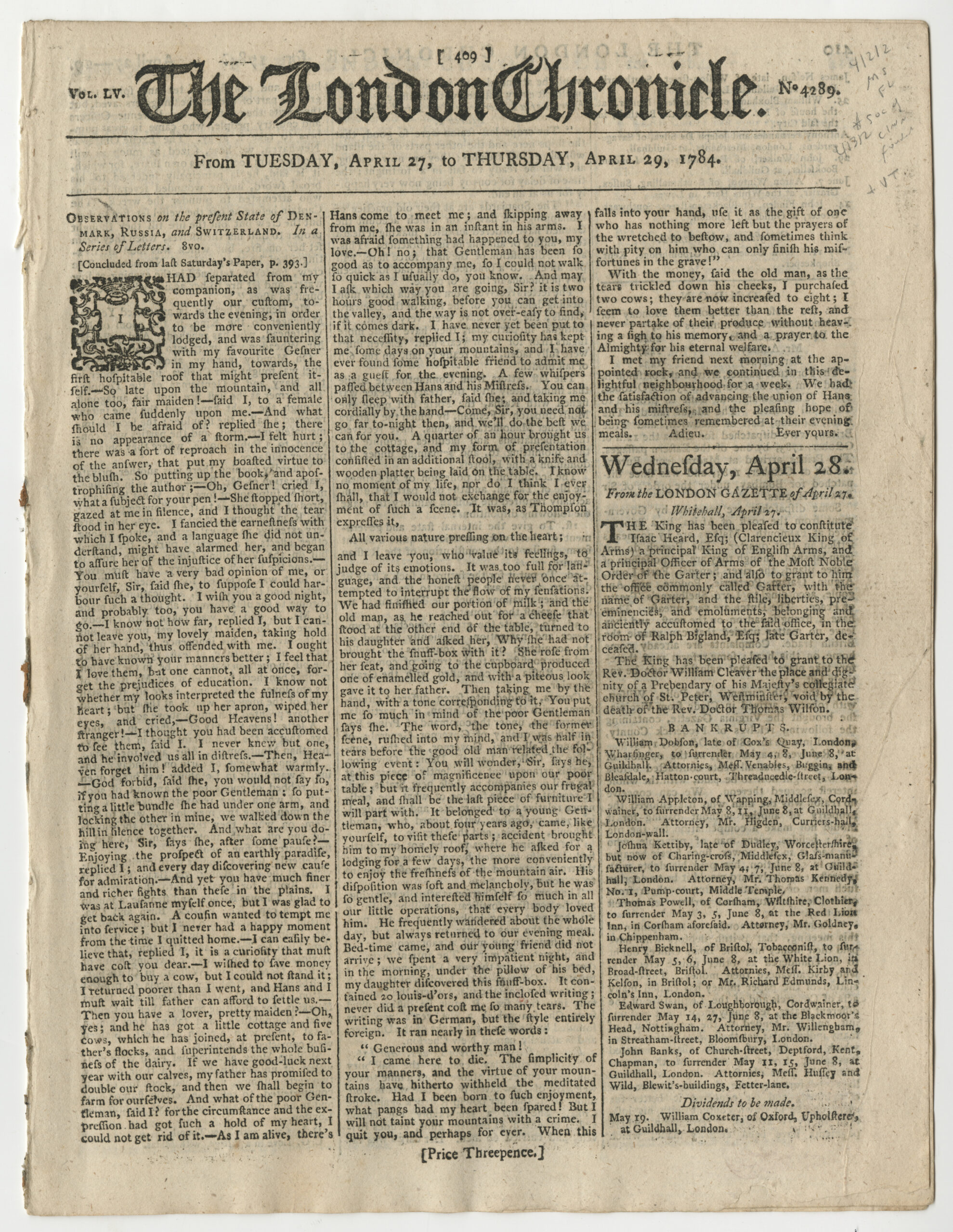 The London Chronicle London: Sold by J. Wilkie, April 27-29, 1784