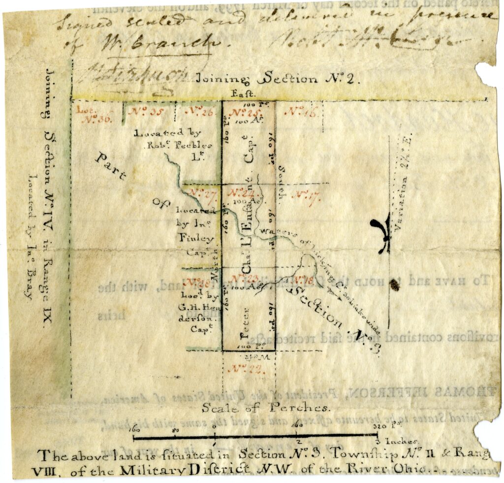 Handdrawn map of bounty land awarded to Pierre L'Enfant, ca. 1803