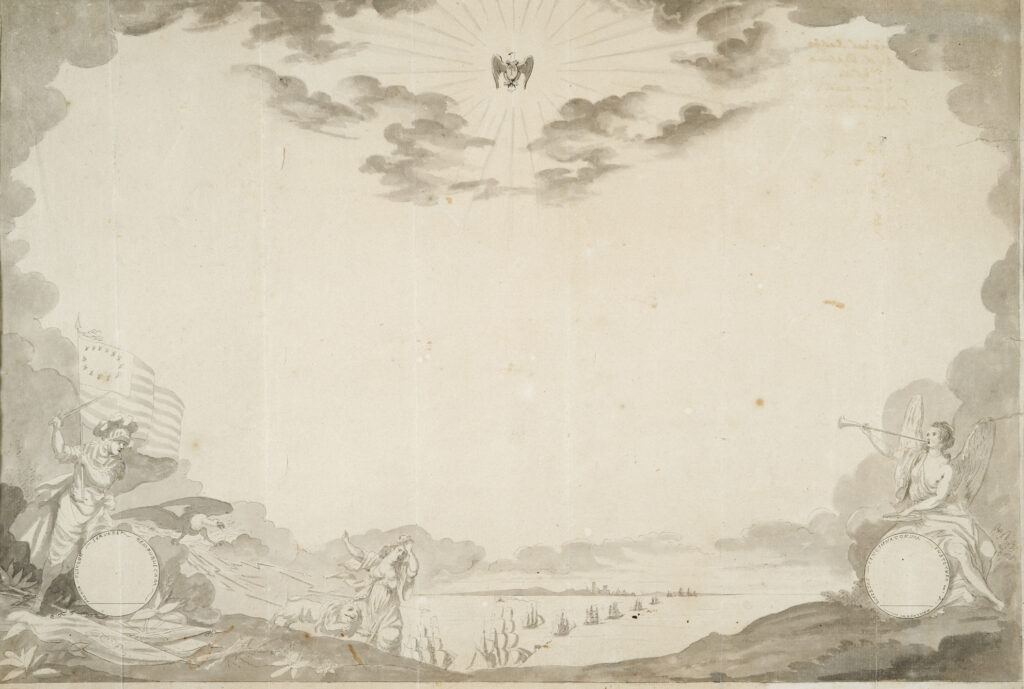 Sepia-tone drawing of allegorical figures on shore with ships in the distance and an eagle overhead