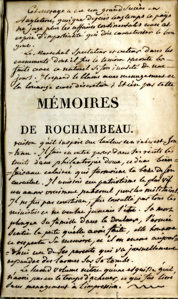 Mémoires Militaires, Historiques et Politiques de Rochambeau, Donatien de Vimeur, comte de Rochambeau, 1809.