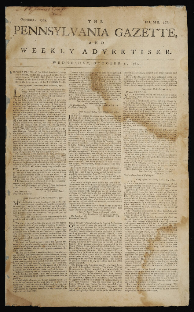 The Pennsylvania Gazette  Philadelphia: Samuel Kleimer, October 31, 1781