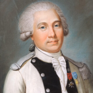 Pastel portrait of a man with white powdered hair wearing a white and blue military uniform with two medals