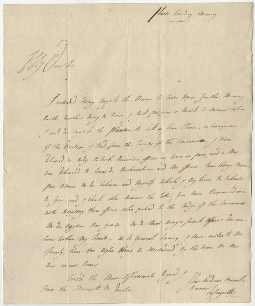 One-page Lafayette letter written in English probably to Benjamin Franklin in late January 1784.