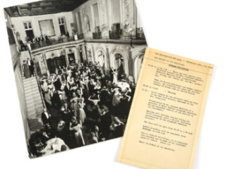 Click for a larger view. Black-and-white photograph of couples dancing in a Ballroom, with a typed program