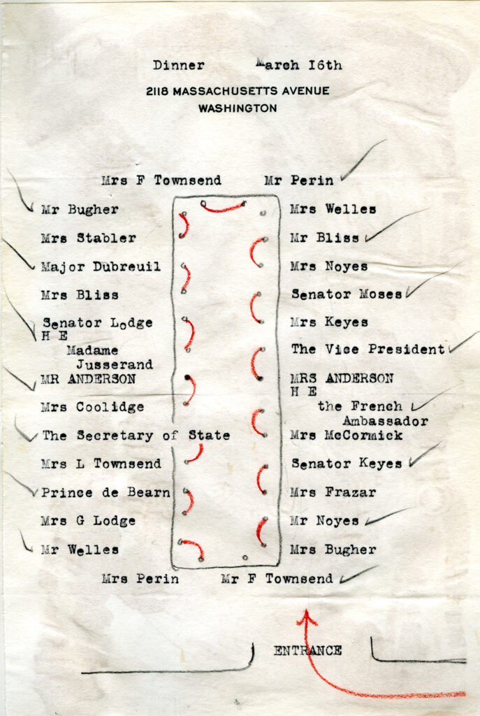 Typed diagram of seating at a dining table