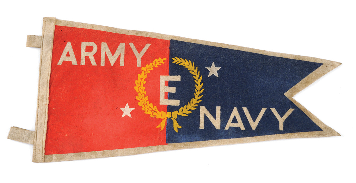Red and blue wool pennant printed with Army and Navy