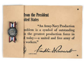 Click for a larger view. Partially folded card printed with a message with a metal and enamel pin attached