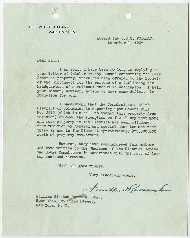 One-page letter typed on light green paper and signed by President Franklin D. Roosevelt