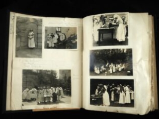 Click for a larger view. Scrapbook open to photographs of Red Cross volunteers working in a garden